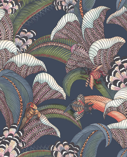 Hoopoe Leaves Wallpaper - Denim, Forest Green & Magenta on Midnight - 119/1006