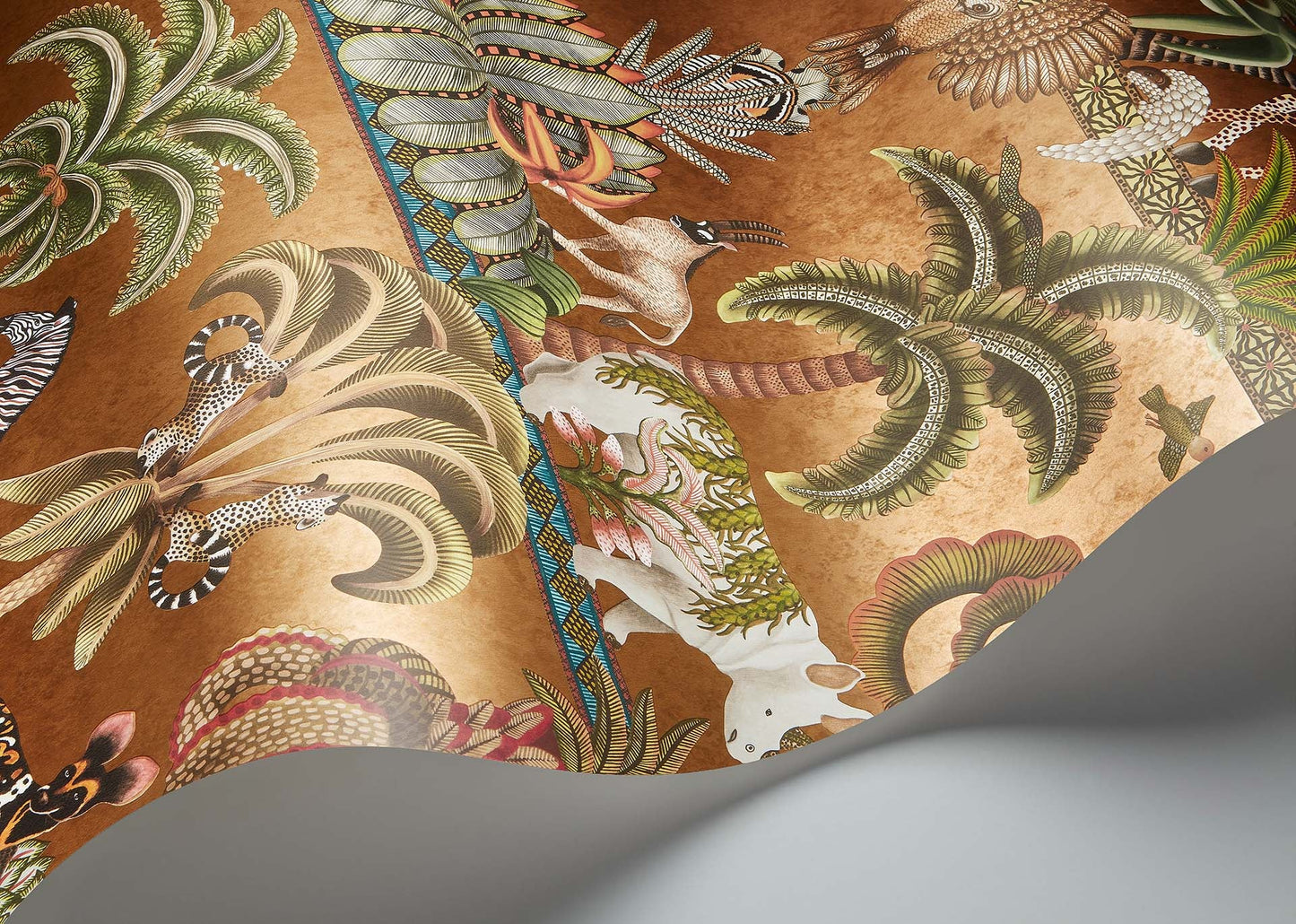 Afrika Kingdom Wallpaper - Olive Green & Spring Green on Metallic Bronze - 119/5025