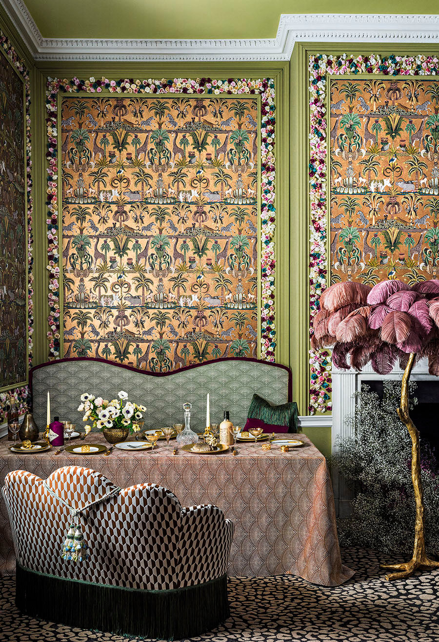 Afrika Kingdom Wallpaper - Olive Green & Spring Green on Metallic Bronze - 119/5025