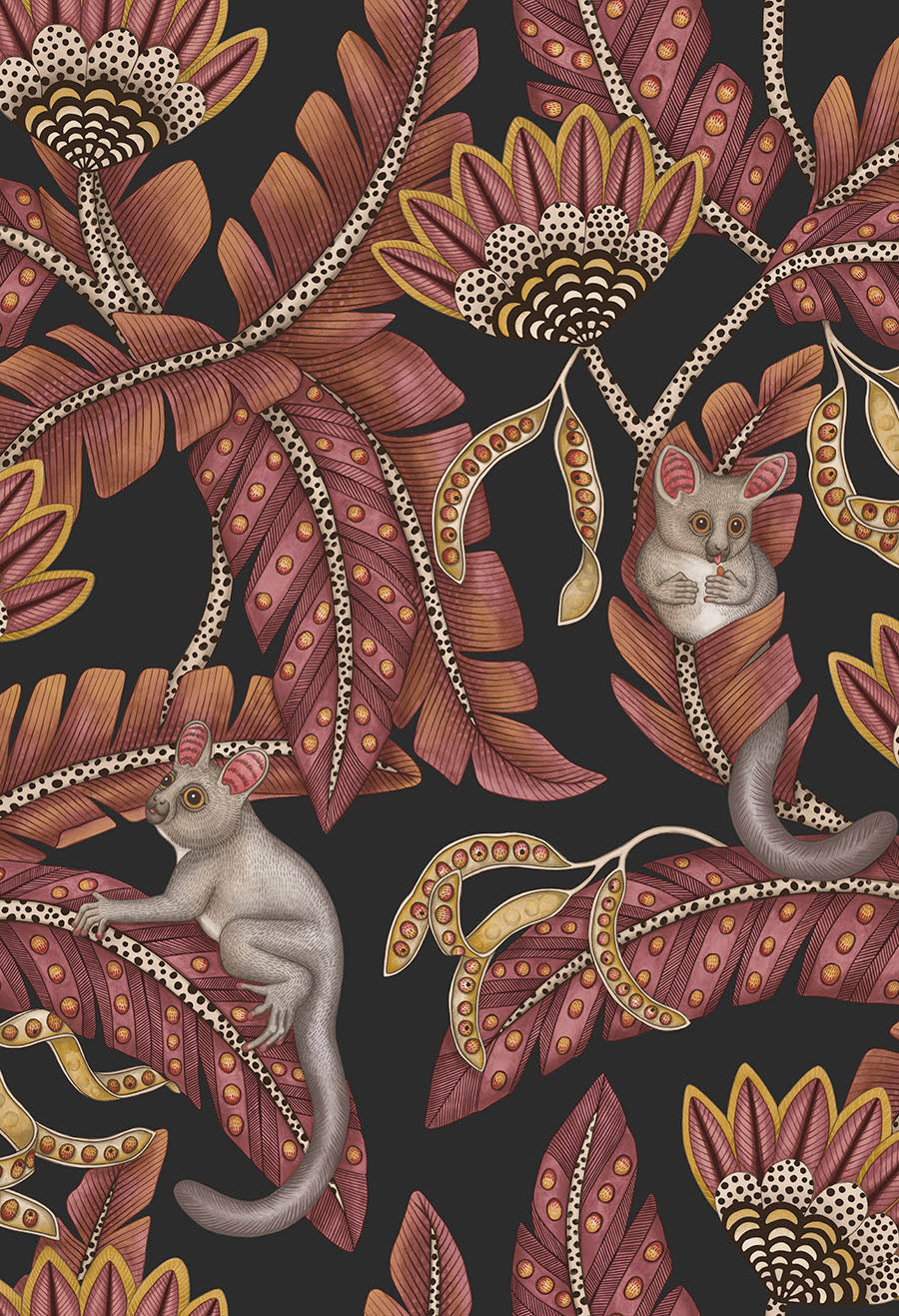 Bush Baby Wallpaper - Crimson & Marigold on Charcoal - 119/7033