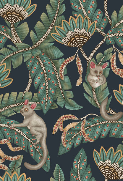 Bush Baby Wallpaper - Teal & Ochre on Ink - 119/7034