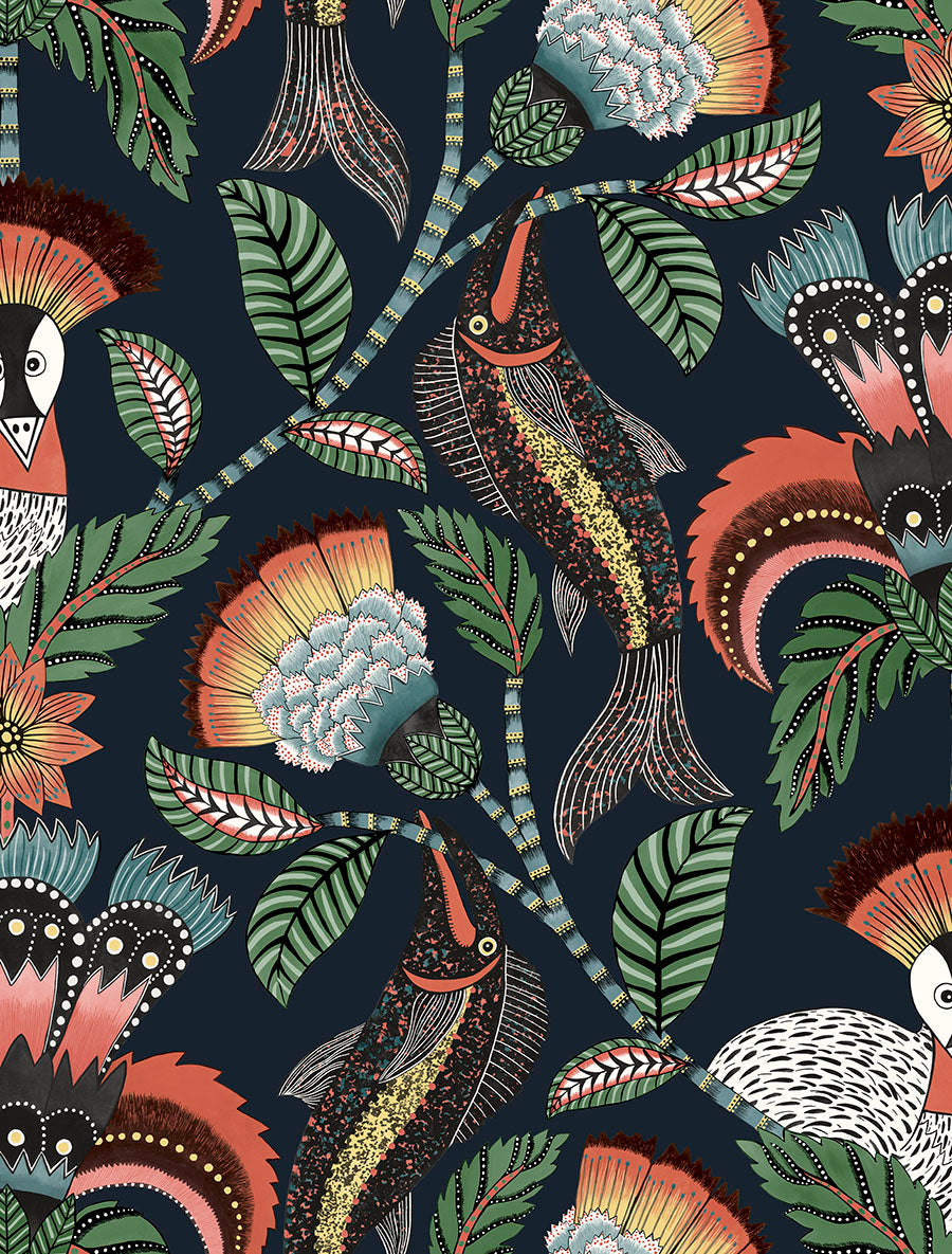 Nene Wallpaper - Tangerine, Forest Green & Petrol on Ink - 119/8037