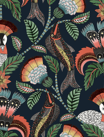 Nene Wallpaper - Tangerine, Forest Green & Petrol on Ink - 119/8037