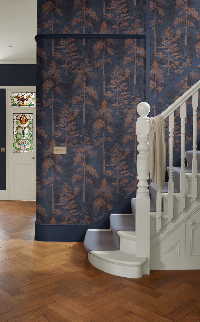 121427 - Norse Forest Wallpaper - Navy Bark - Graham & Brown