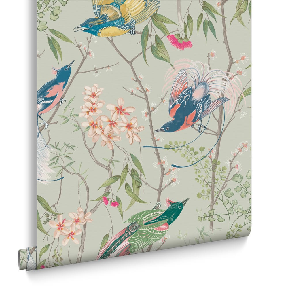 121447 - Clavering Birds Morning Wallpaper - Sage - Graham & Brown