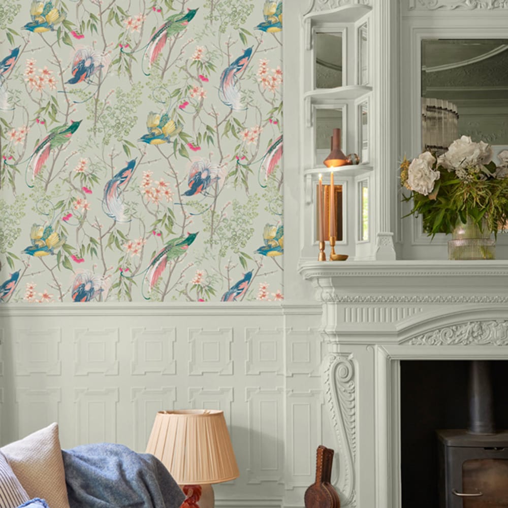 121447 - Clavering Birds Morning Wallpaper - Sage - Graham & Brown