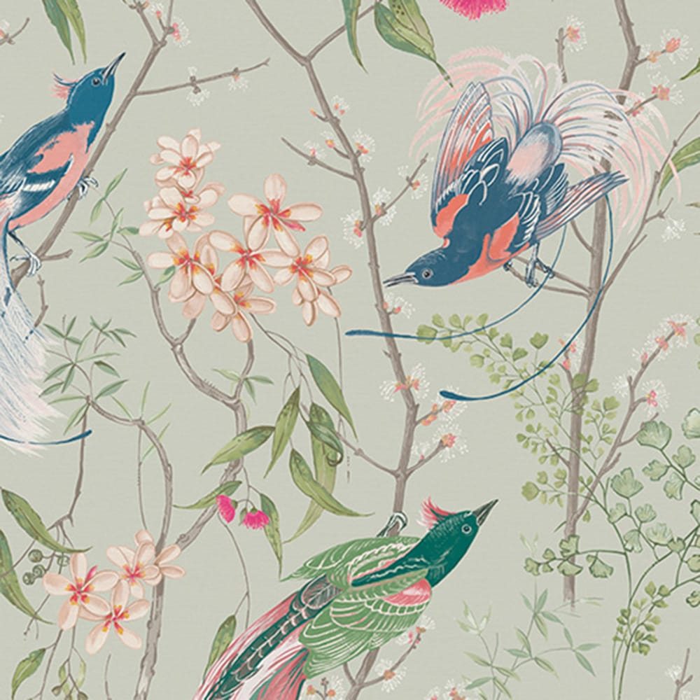 121447 - Clavering Birds Morning Wallpaper - Sage - Graham & Brown
