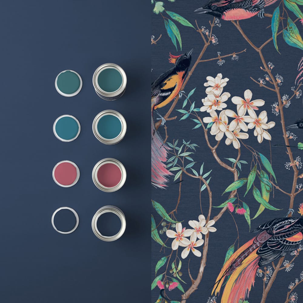 121450 - Clavering Birds Night Wallpaper - Blue - Graham & Brown