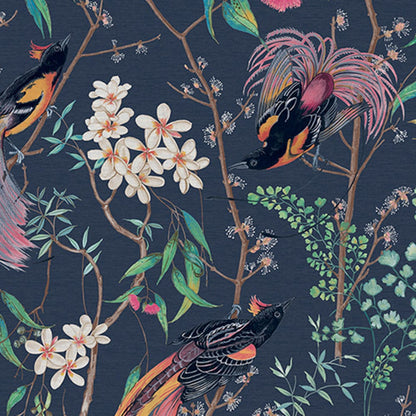 121450 - Clavering Birds Night Wallpaper - Blue - Graham & Brown