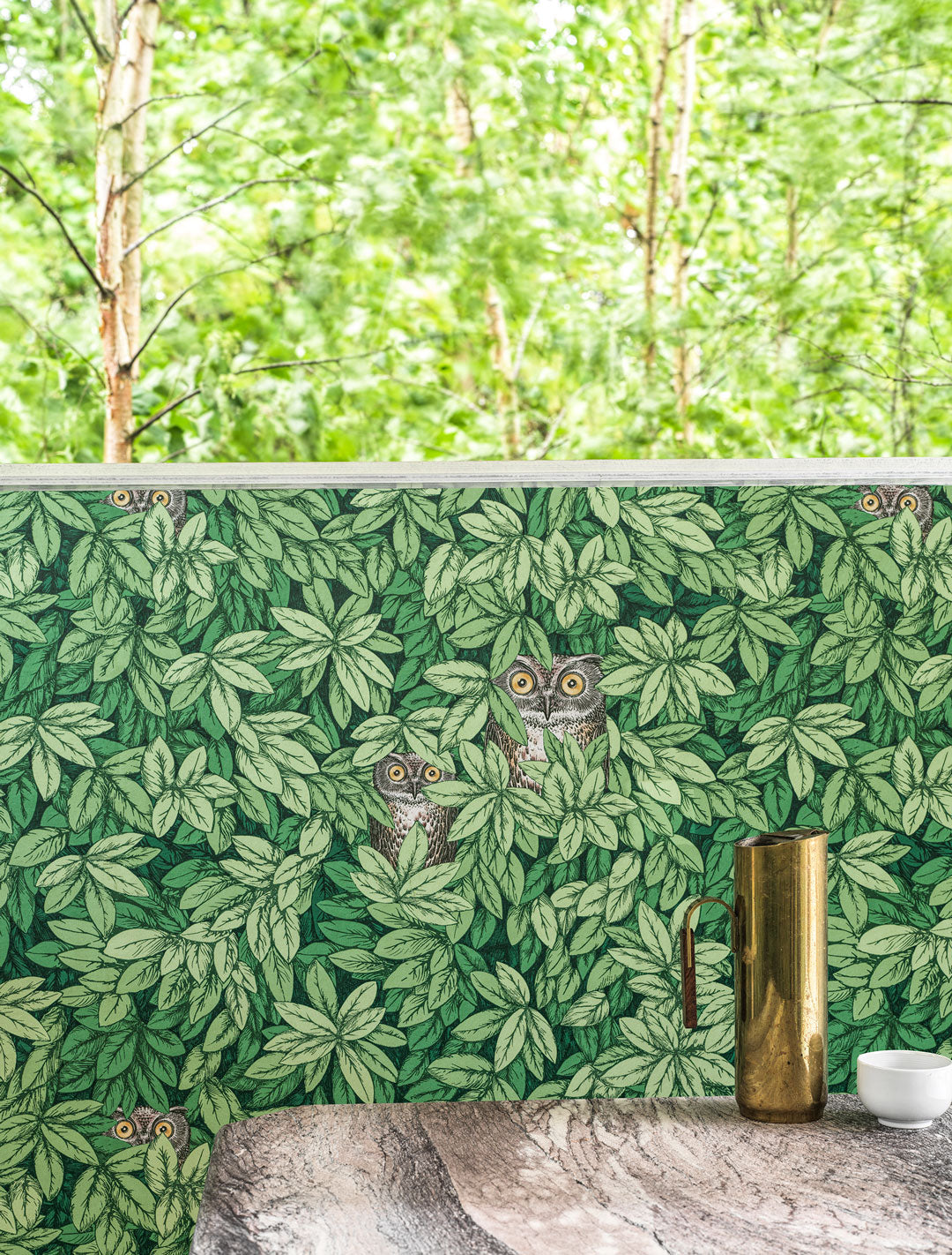 Foglie e Civette Wallpaper - Forest Green - 123/11054