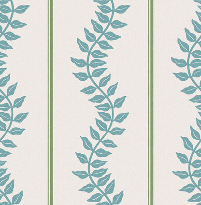 130290 - Laurel Leaf Stripe Wallpaper - Blue & Green - Graham & Brown