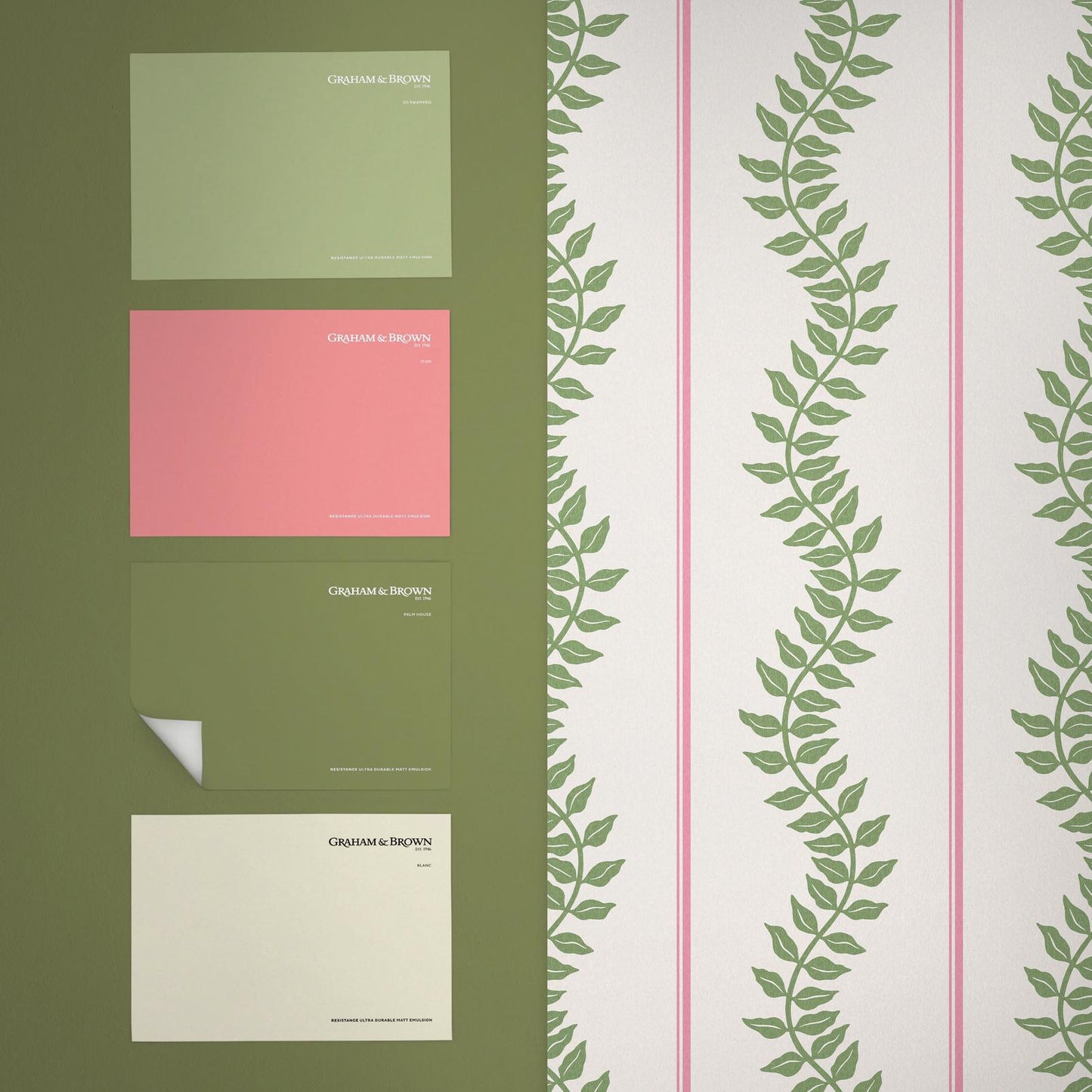130292 - Laurel Leaf Stripe Wallpaper - Pink & Green - Graham & Brown