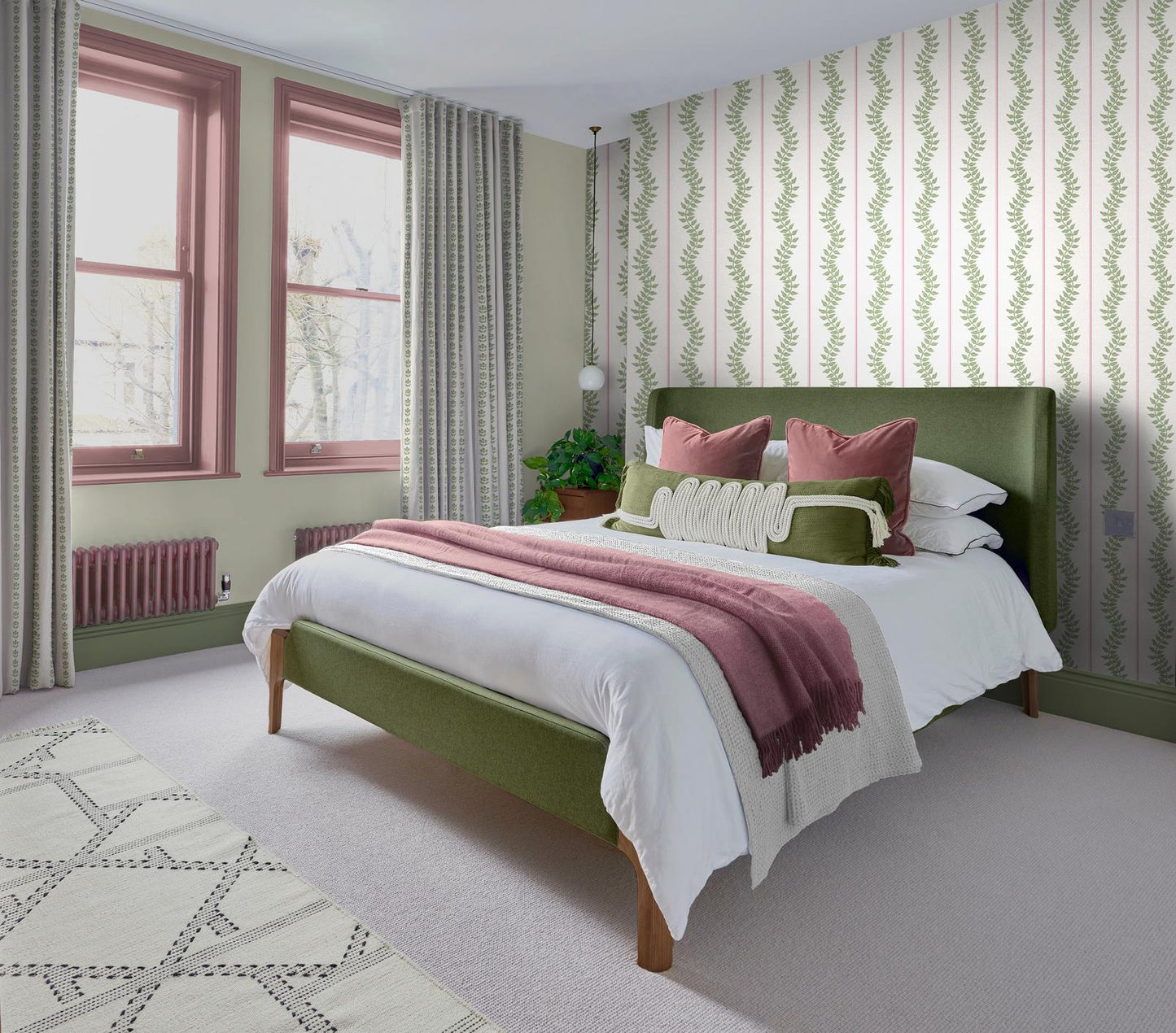 130292 - Laurel Leaf Stripe Wallpaper - Pink & Green - Graham & Brown