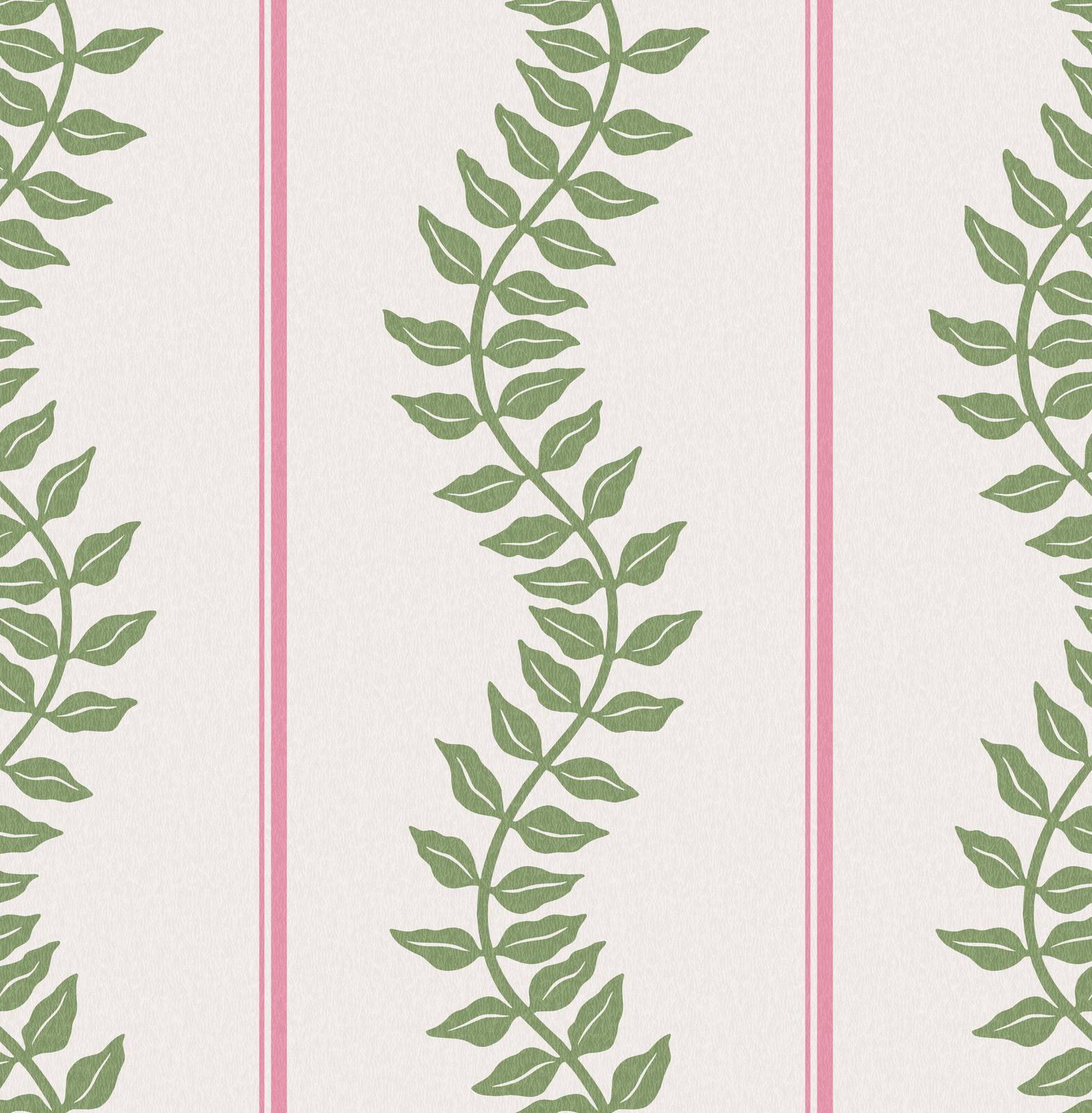 130292 - Laurel Leaf Stripe Wallpaper - Pink & Green - Graham & Brown