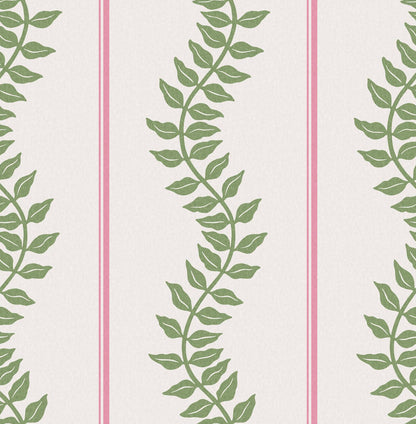 130292 - Laurel Leaf Stripe Wallpaper - Pink & Green - Graham & Brown