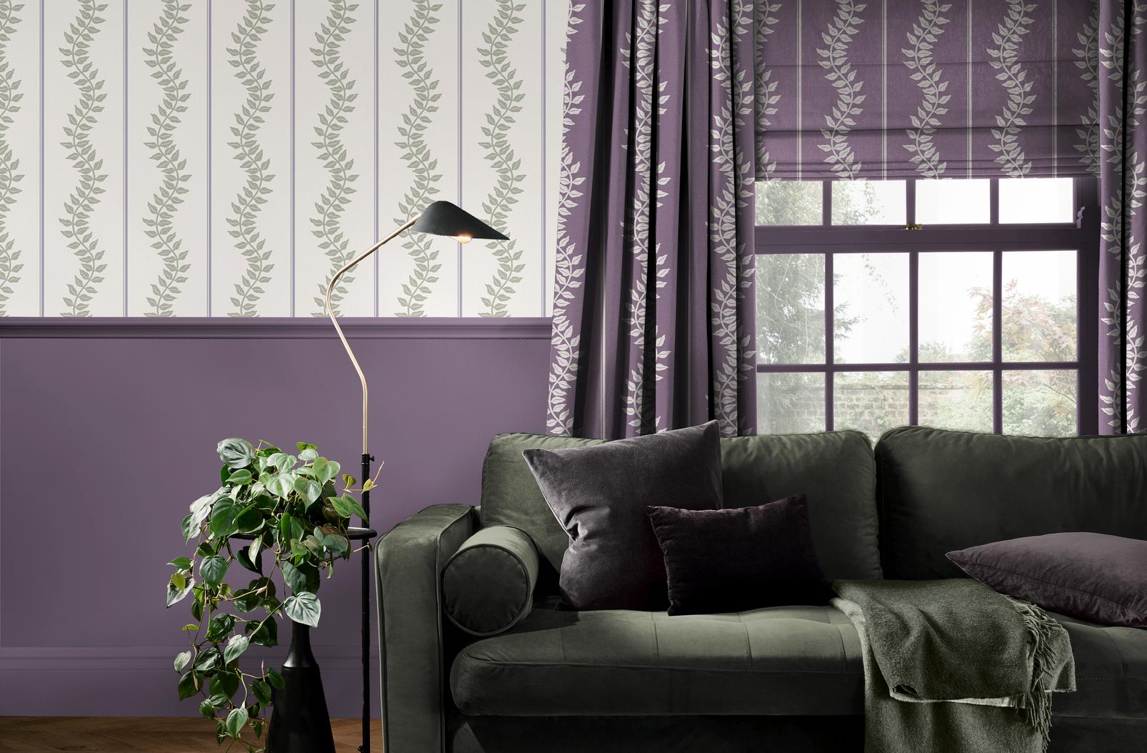 130293 - Laurel Leaf Stripe Wallpaper - Mauve & Sage - Graham & Brown