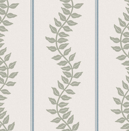 130294 - Laurel Leaf Stripe Wallpaper - Sky & Green - Graham & Brown