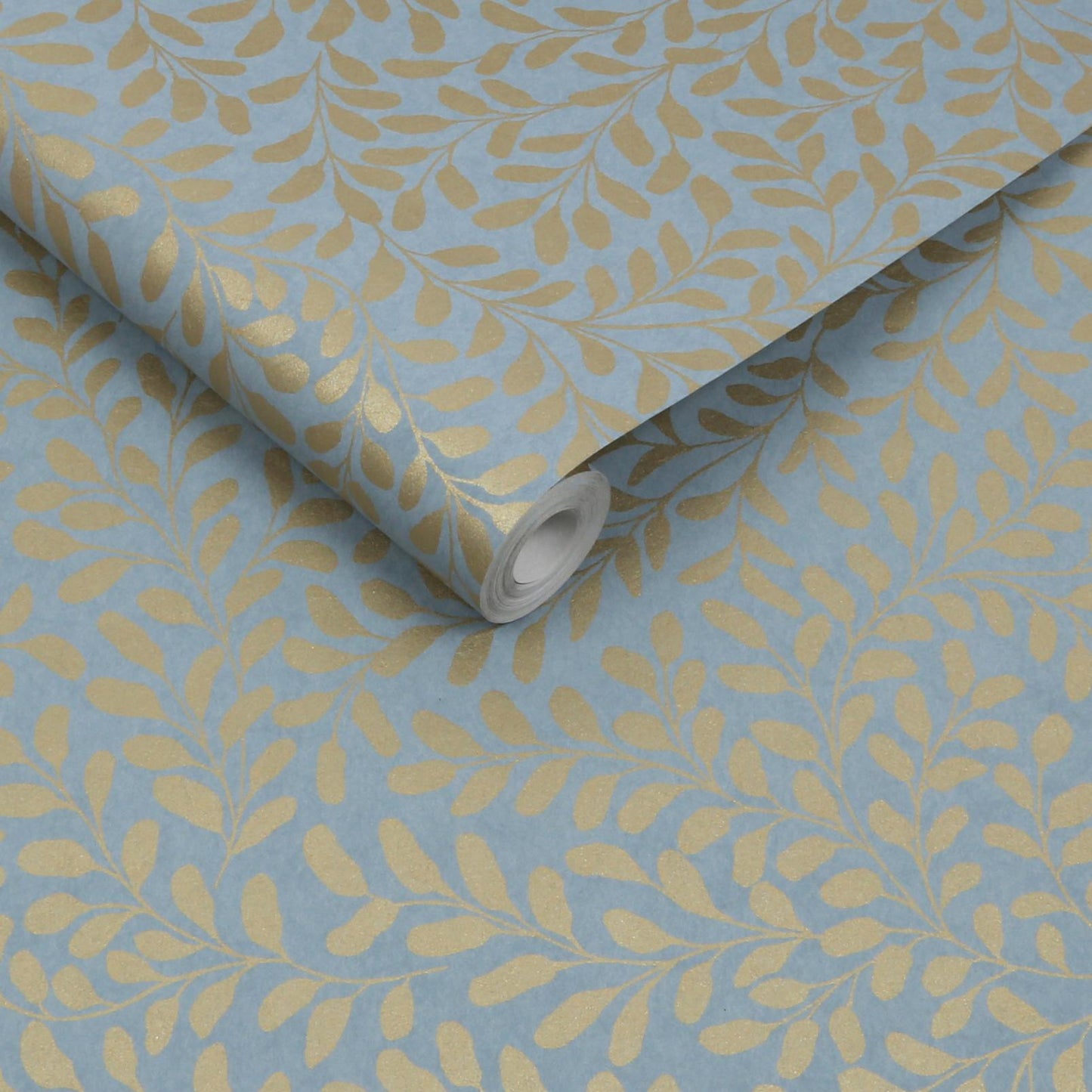 130368 - Gilded Leaf Wallpaper - Sky Blue & Pale Gold - Graham & Brown
