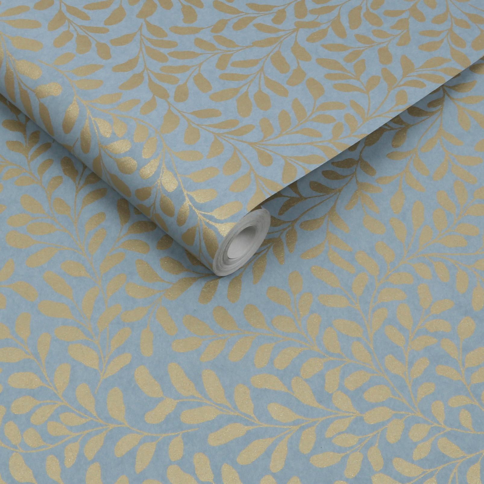 130368 - Gilded Leaf Wallpaper - Sky Blue & Pale Gold - Graham & Brown