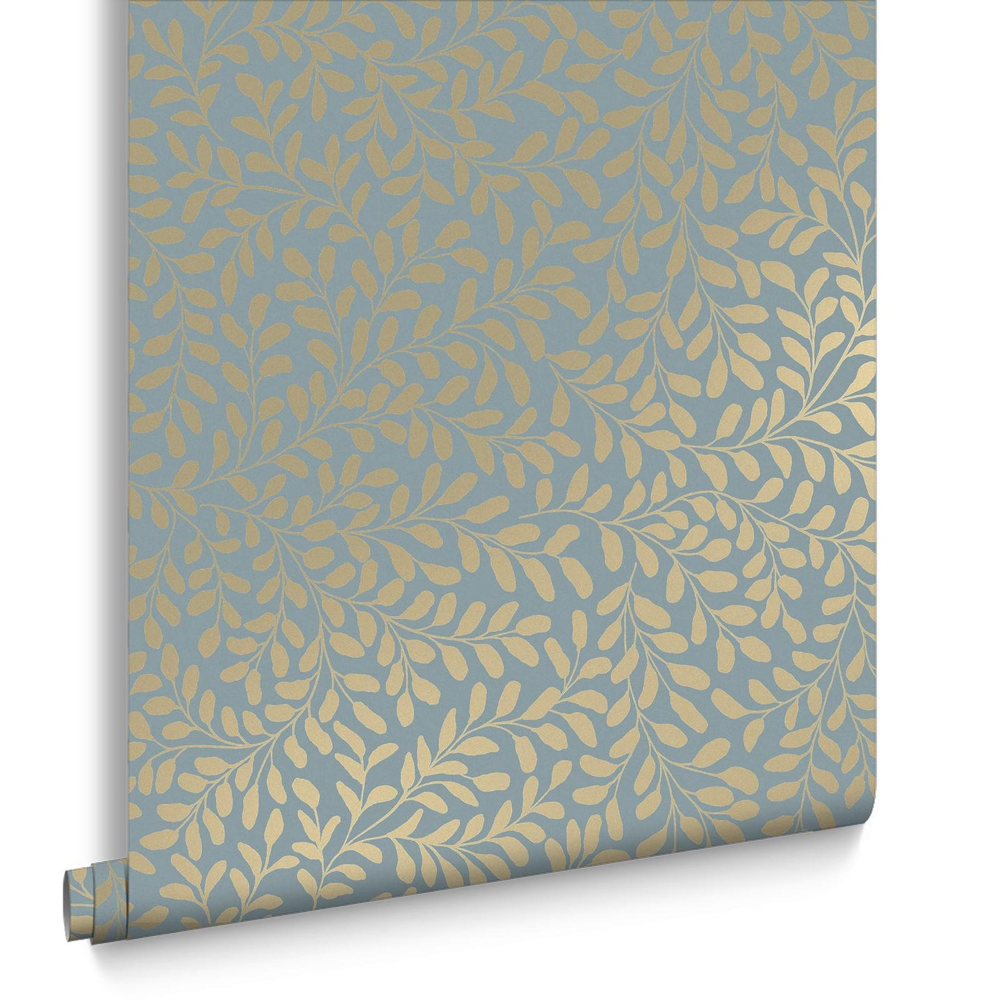 130368 - Gilded Leaf Wallpaper - Sky Blue & Pale Gold - Graham & Brown