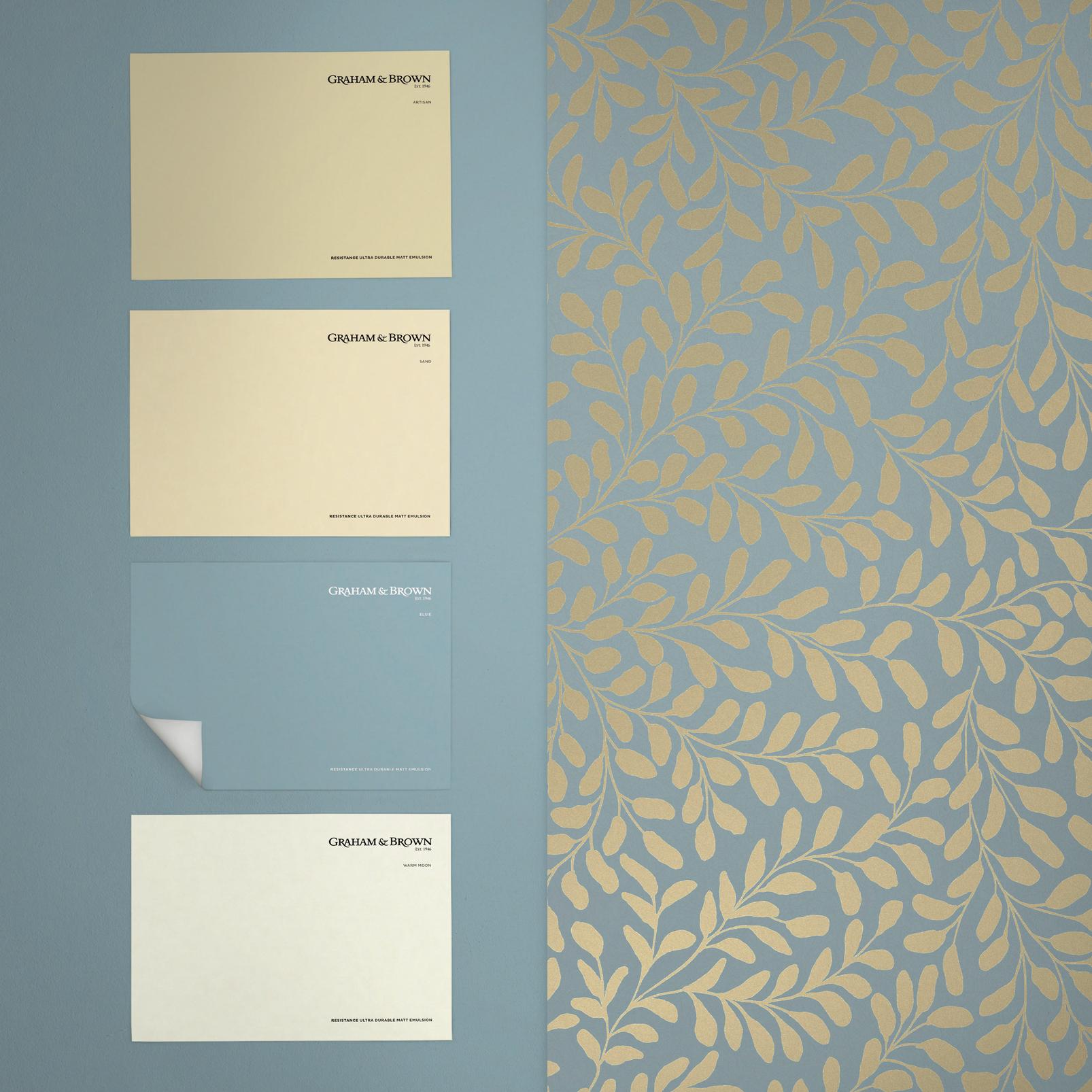 130368 - Gilded Leaf Wallpaper - Sky Blue & Pale Gold - Graham & Brown