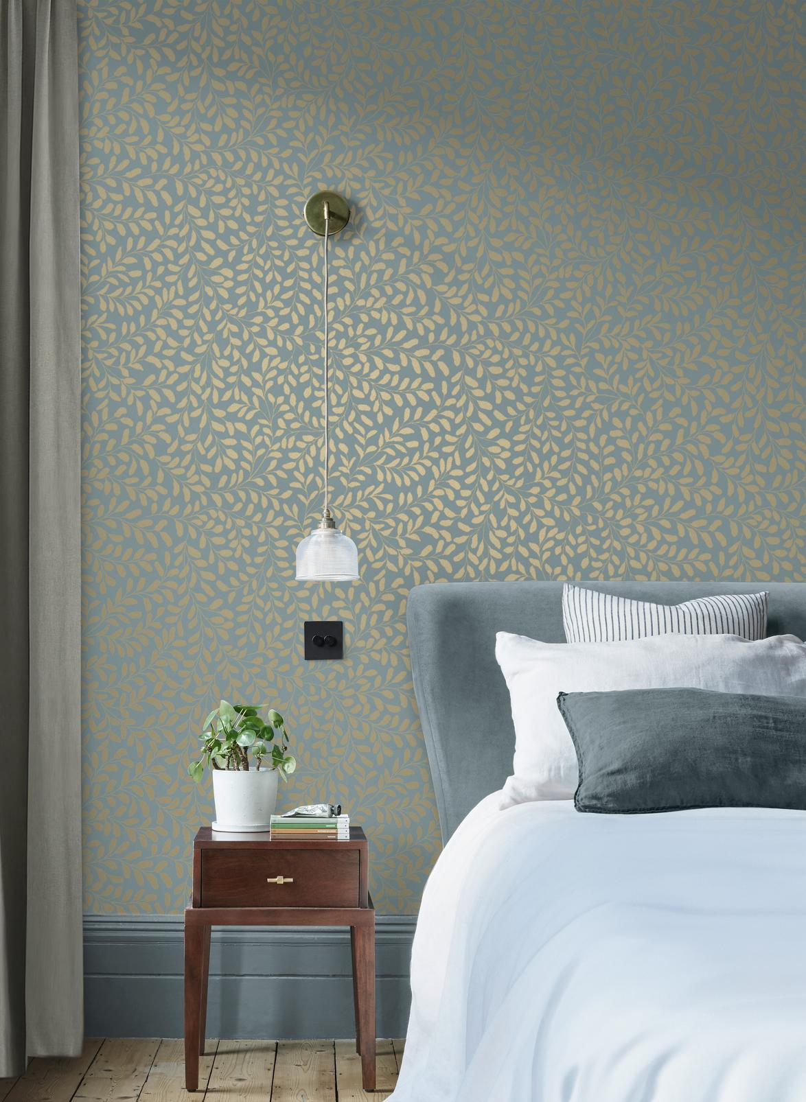 130368 - Gilded Leaf Wallpaper - Sky Blue & Pale Gold - Graham & Brown
