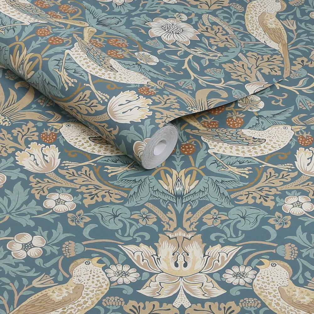 140503 - Strawberry Thief Wallpaper - Washed Blue - William Morris
