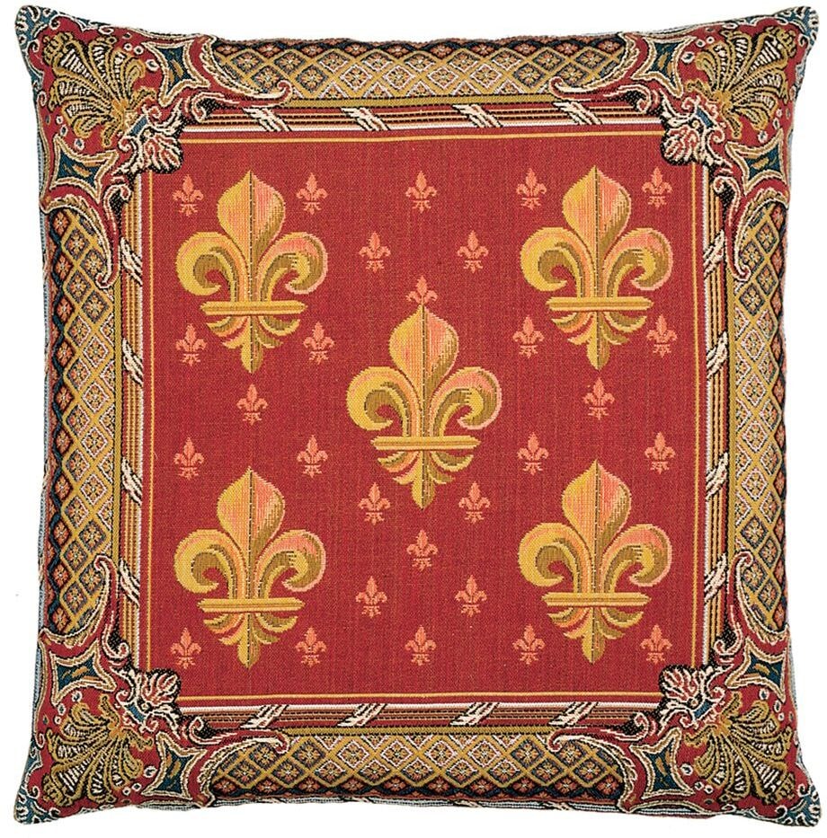 Fleur de Lys-Red Tapestry Cushion with Feather Filler 