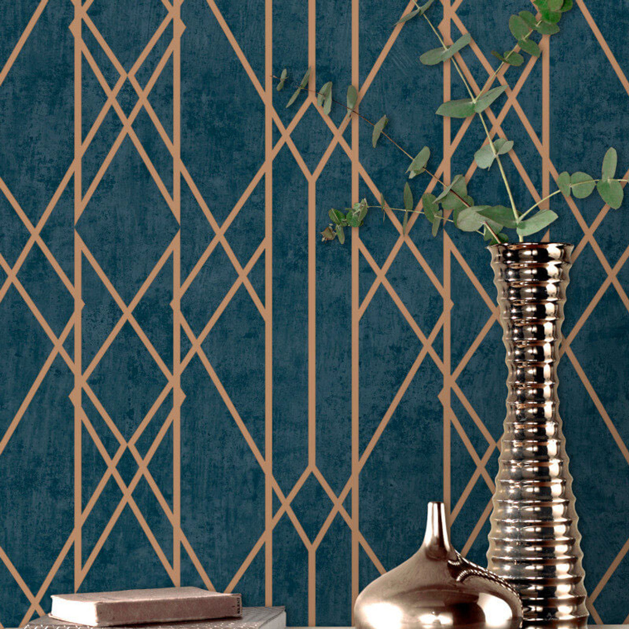 215144 - Kristina Geo Wallpaper - Navy Blue & Gold Metallic  - Rasch
