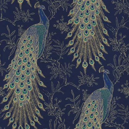 215700 - Peacock Portfolio Wallpaper - Navy & Gold - Rasch