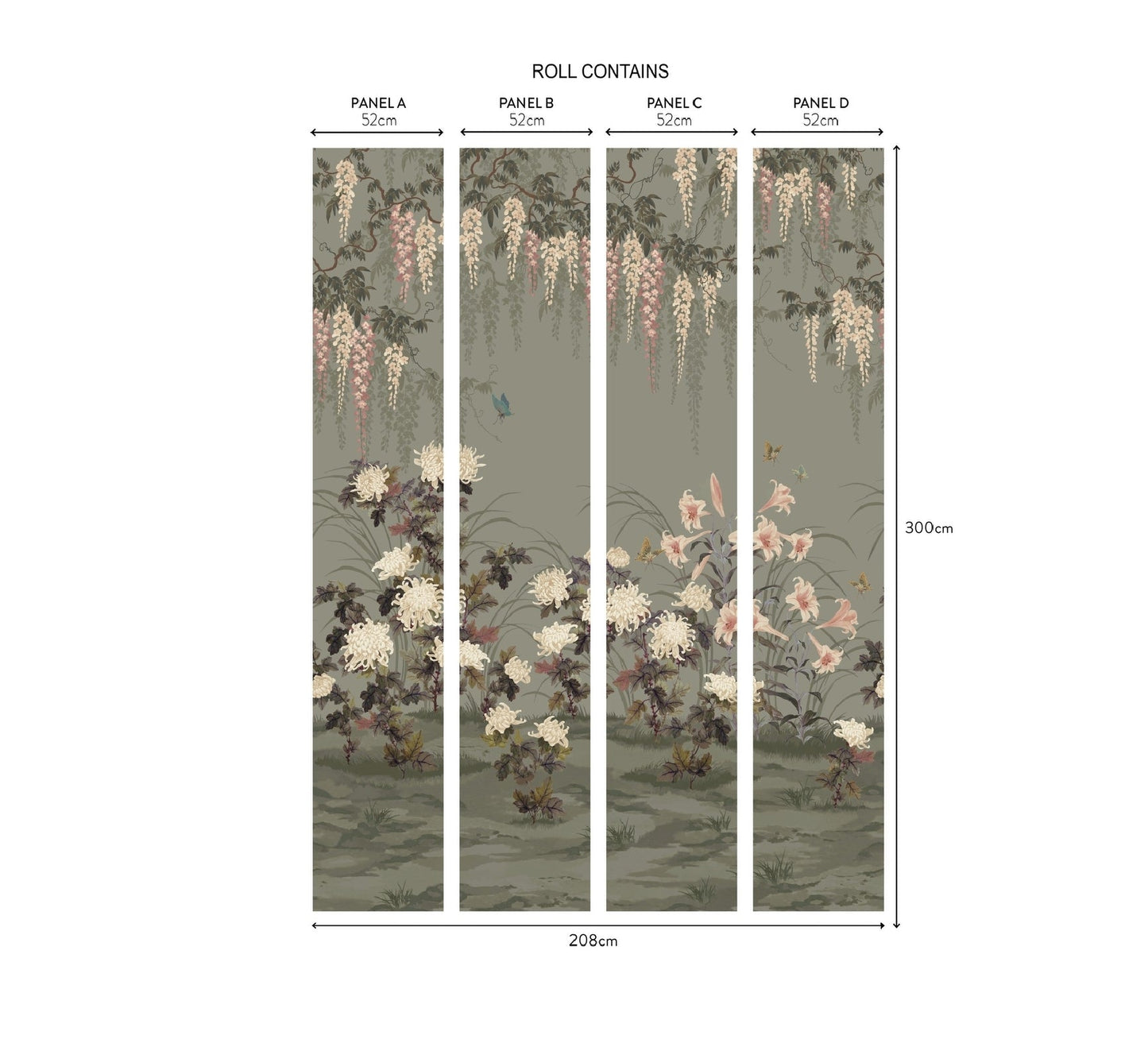 2513-191-04 - Wisteria Bloom Wall Mural - Dark Sage Green - 1838 wallcoverings