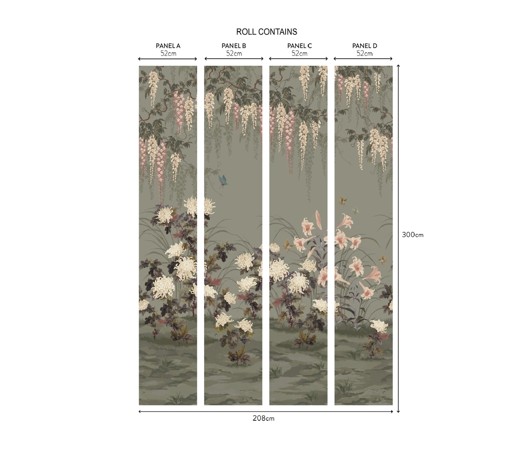 2513-191-04 - Wisteria Bloom Wall Mural - Dark Sage Green - 1838 wallcoverings