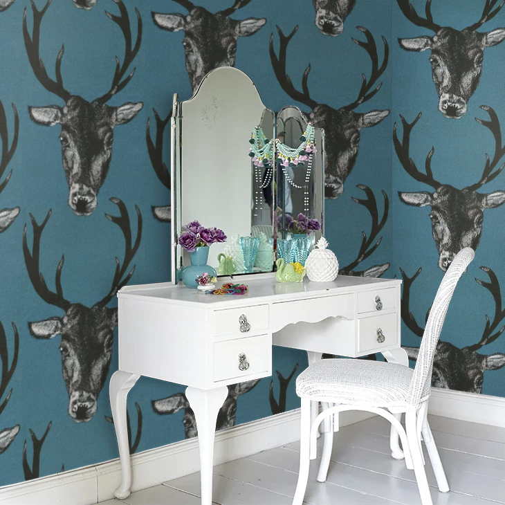 Stag Head Wallpaper - Teal - The Graduate Collection
