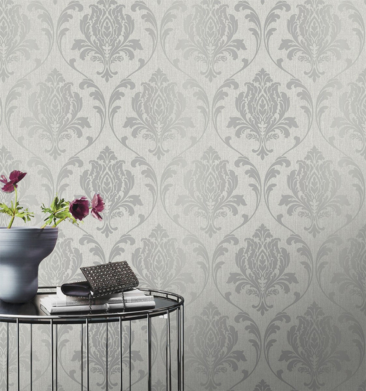 274980 - Highgrove Damask Wallpaper - Silver & Grey - Rasch