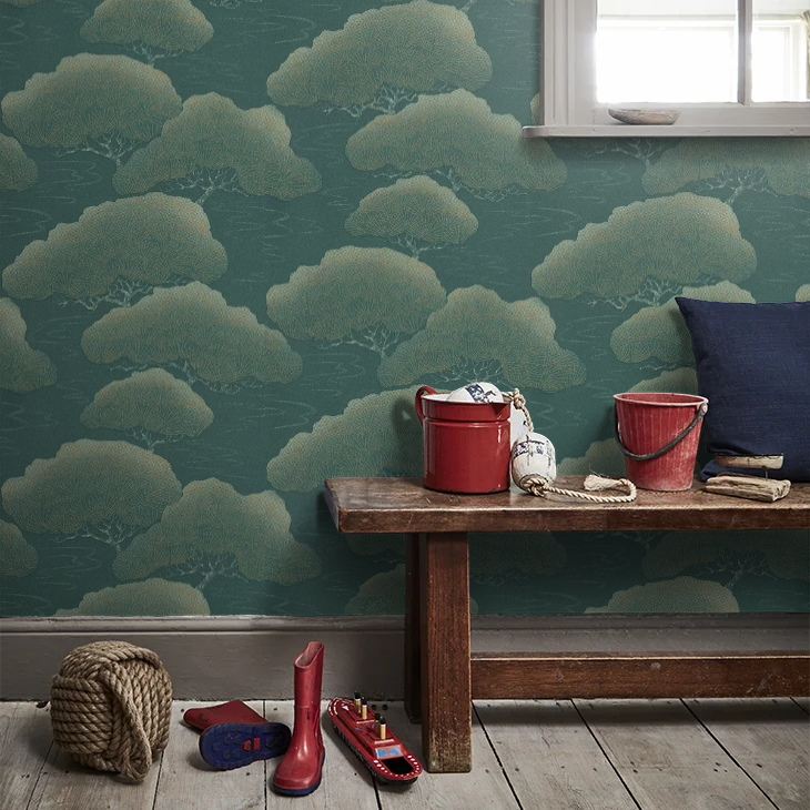 275PIBLUEP - Pine Wallpaper - Blue Green / Gold - Little Greene