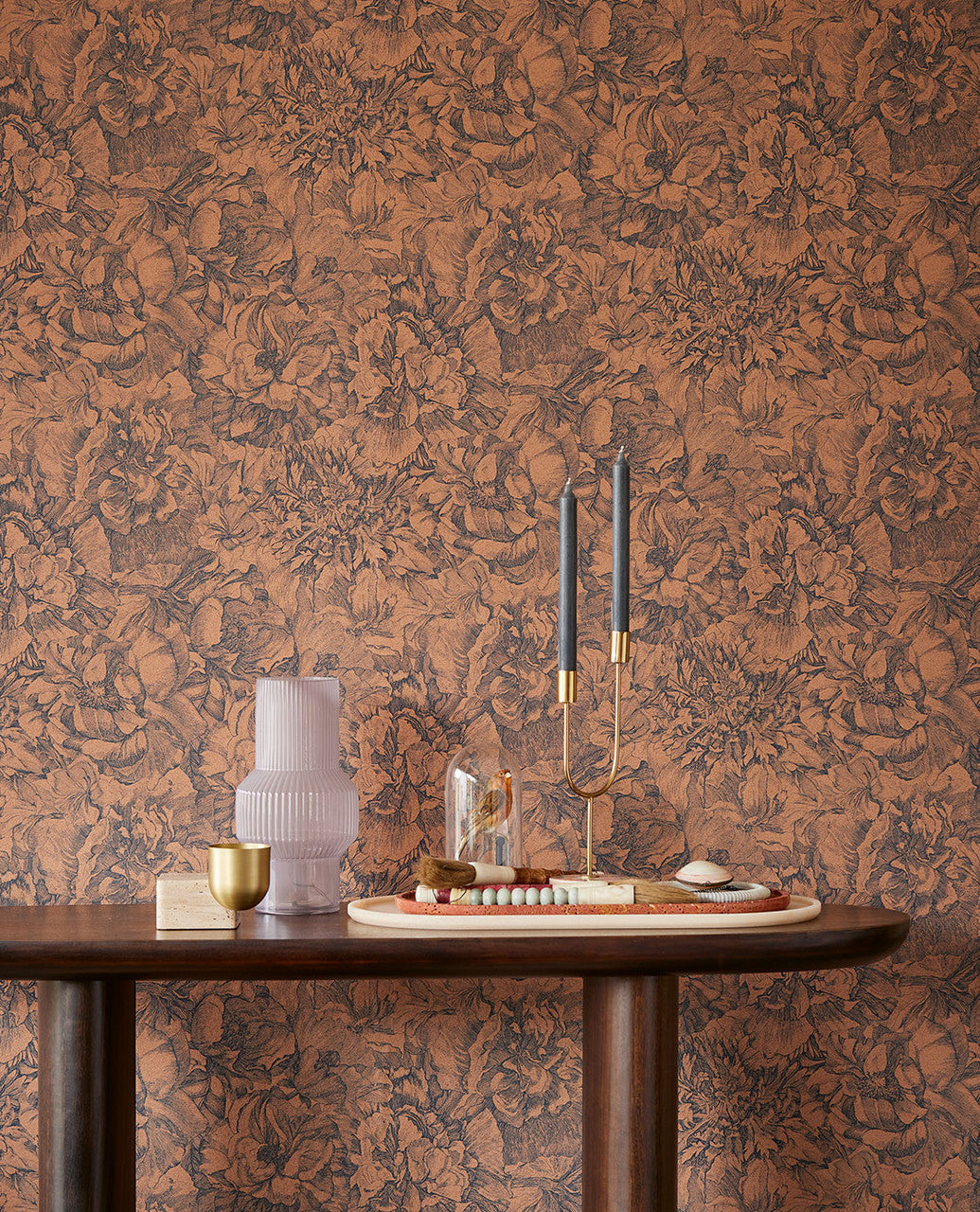307344 - Museum Flowers Wallpaper - Blue / Terracotta - Eijffinger