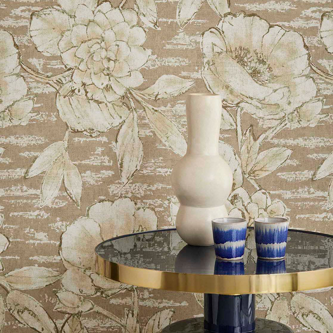 333412 - Rustic Floral Emerald Wallpaper - Khaki - Eijffinger