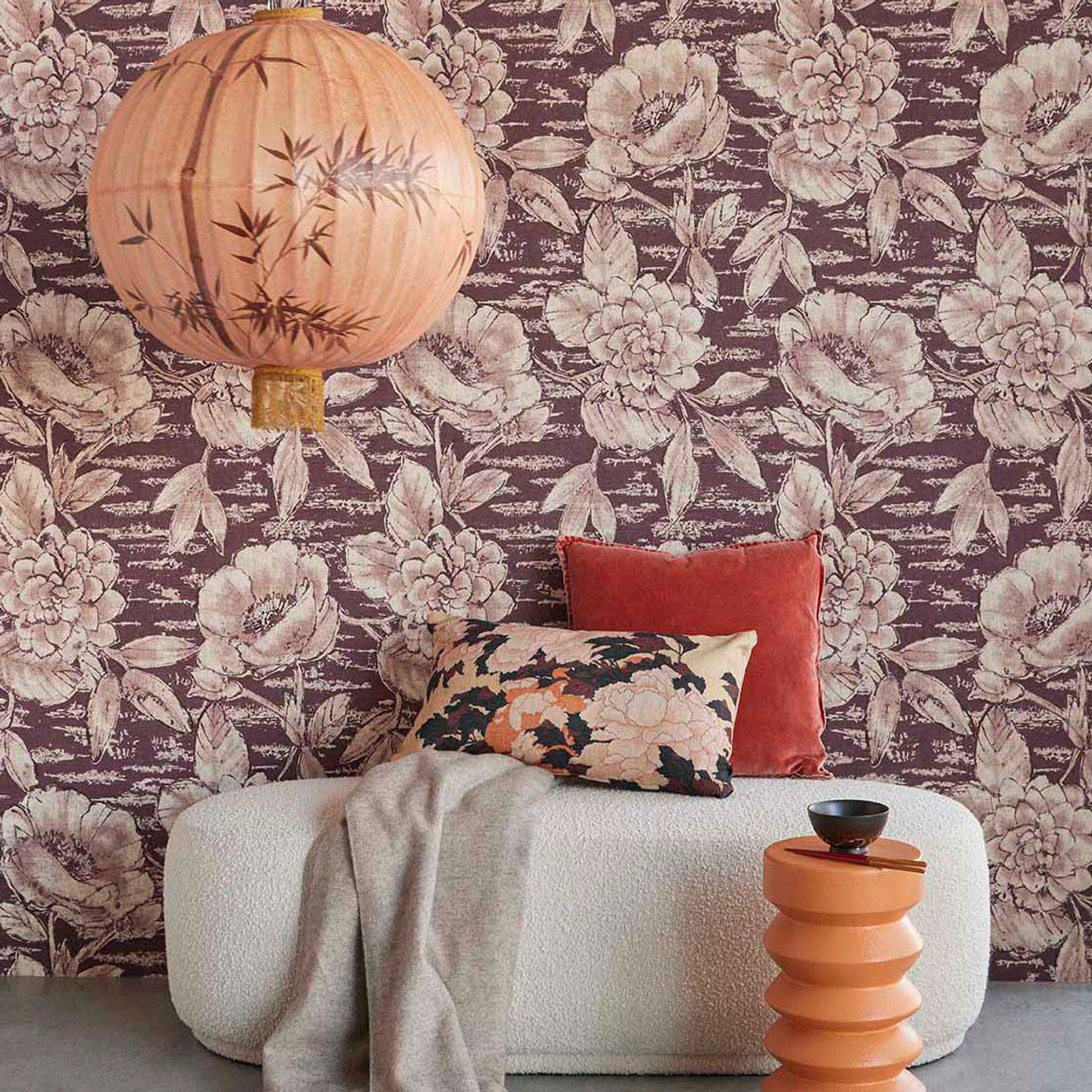 333415 - Rustic Floral Emerald Wallpaper - Burgundy - Eijffinger