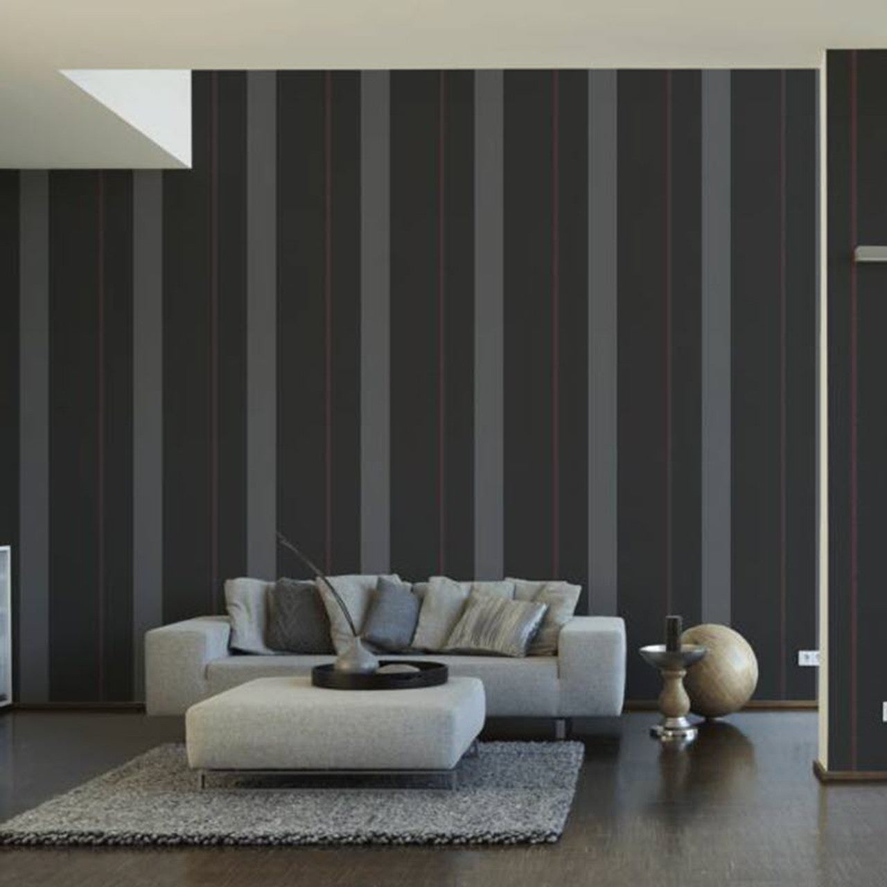 37848-1 - Ribbon Stripe Wallpaper - Charcoal - Karl Lagerfield