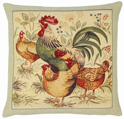 Country Hens II Tapestry Cushion with Feather Filler 