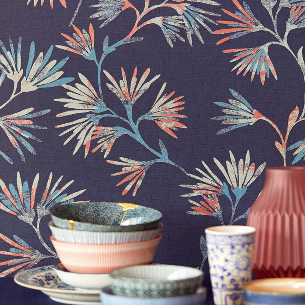 386542 - Enso Floral Style Wallpaper - Blue / Red - Eijffinger