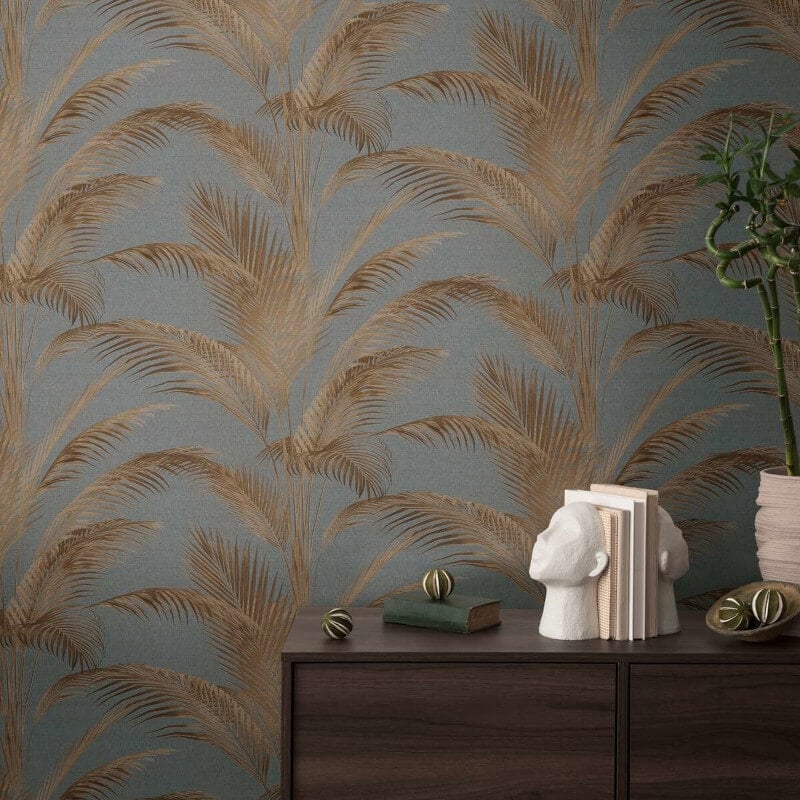 Fanned Palm Leaf Metallic Wallpaper