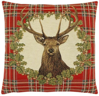 Stag Red Tartan Tapestry Cushion with Feather Filler 