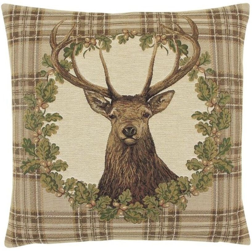 Stag Beige Tartan Tapestry Cushion with Feather Filler 