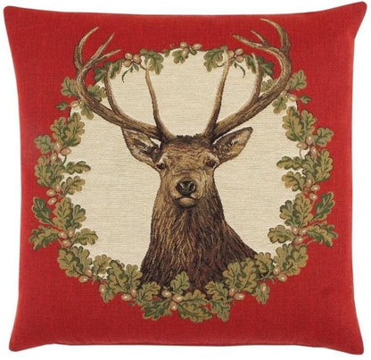 Stag Red Tapestry Cushion with Feather Filler 