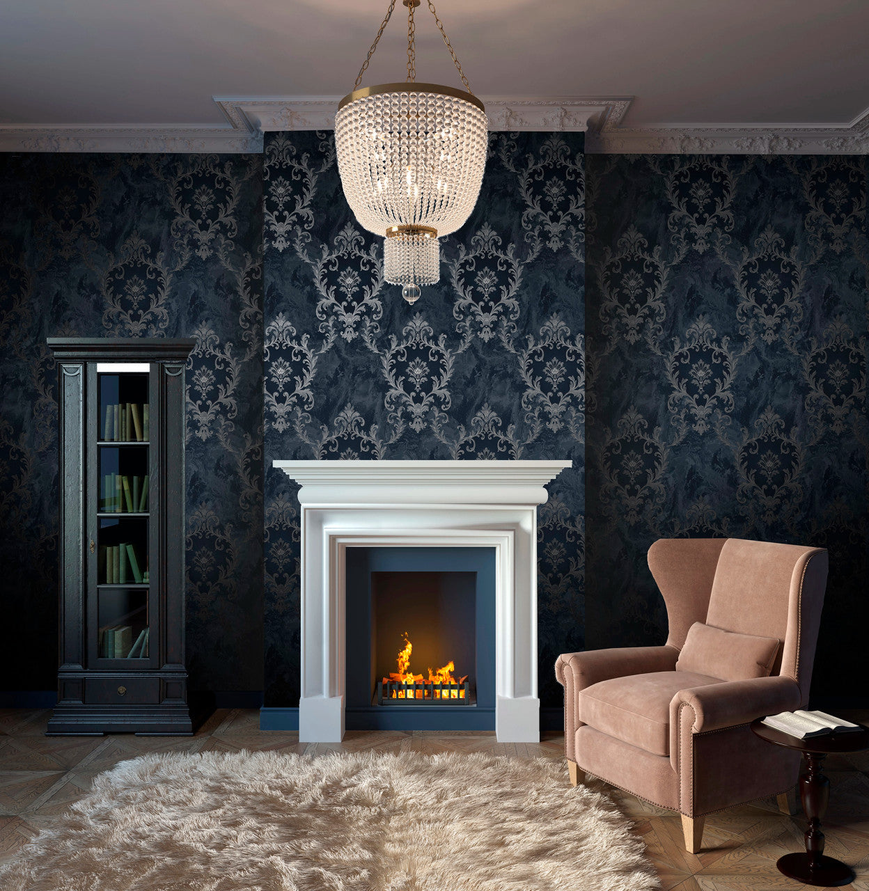 538410 - Sienna Damask Wallpaper - Blue Silver - Rasch