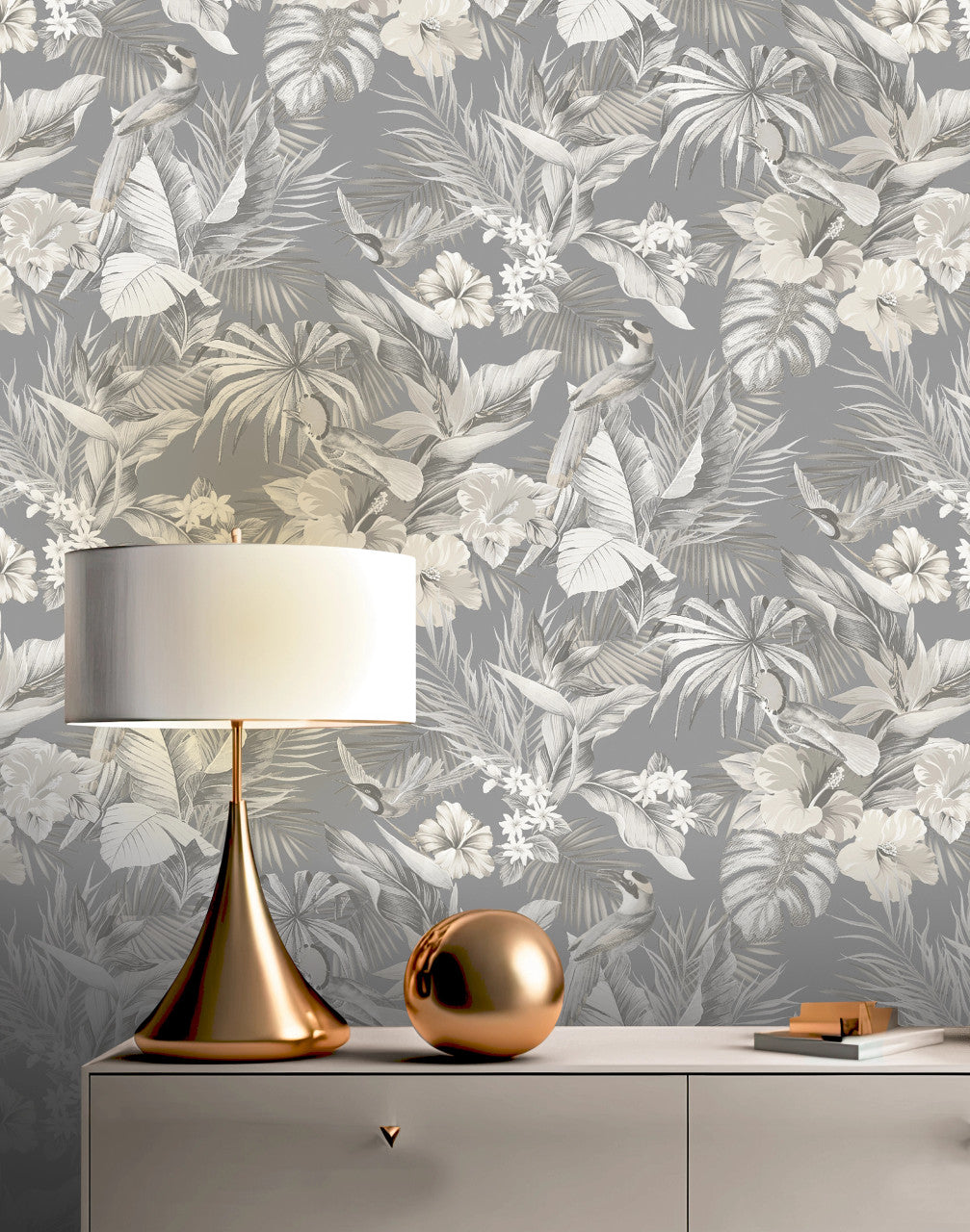 539073 - Paradise Birds Vasari Wallpaper - Grey - Rasch