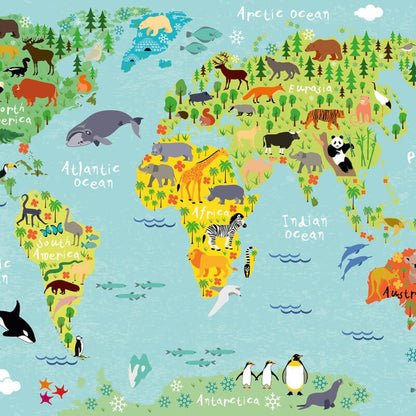 Wall-art Kids World Map Animals Wall Mural