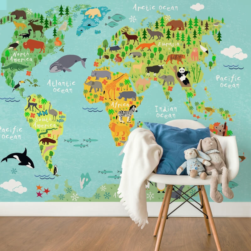 Wall-art Kids World Map Animals Wall Mural