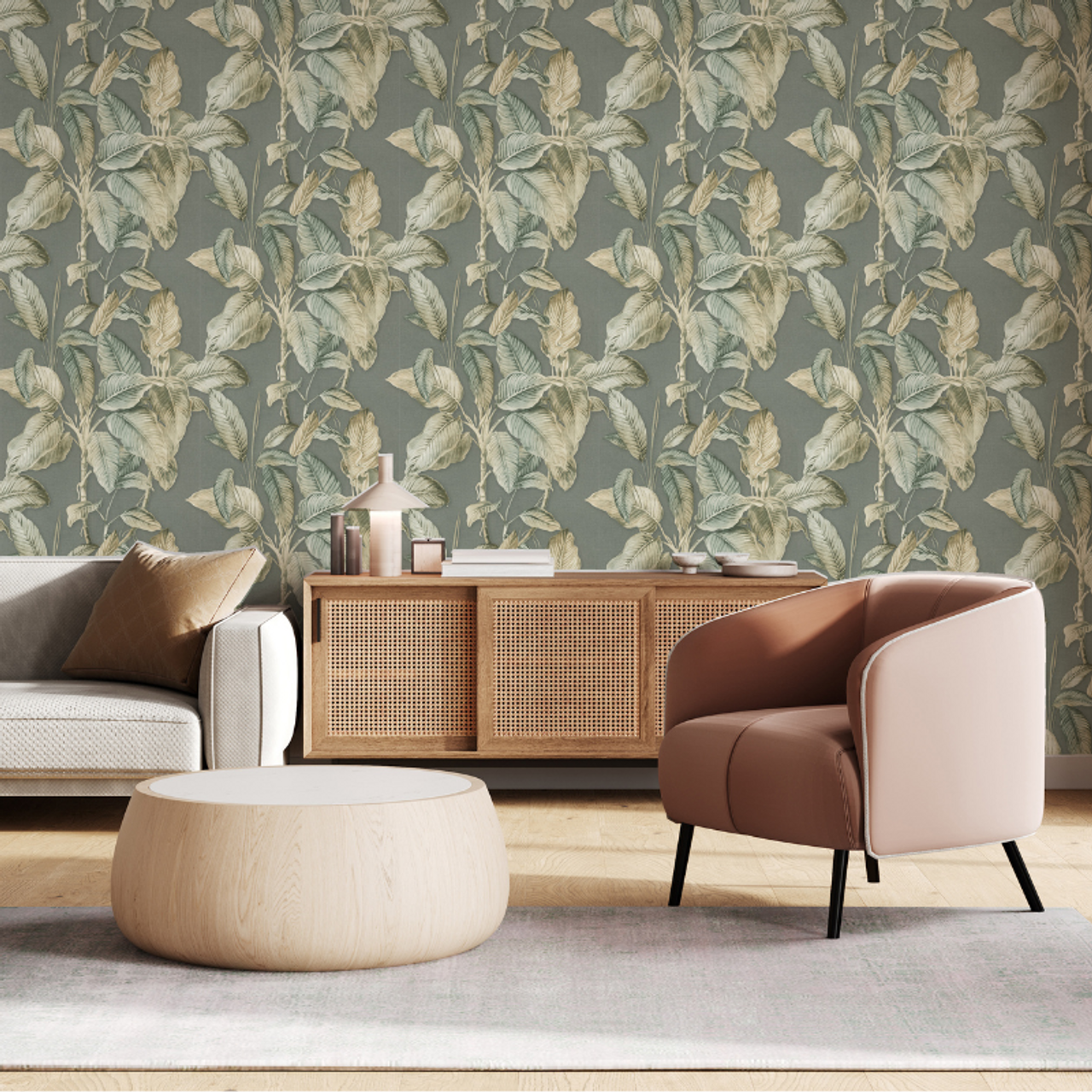 571462 - Boho Palm Wallpaper - Chalky Blue - Rasch